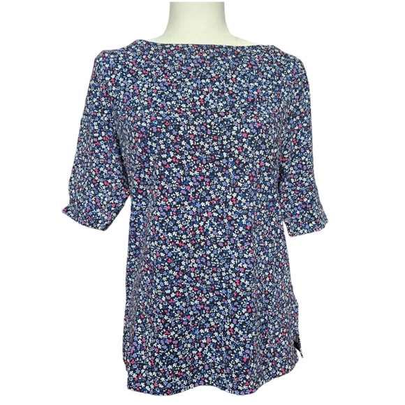 Jones New York cotton tee blouse top multicolor flower pattern elbow sleeve sz M - Picture 2 of 9